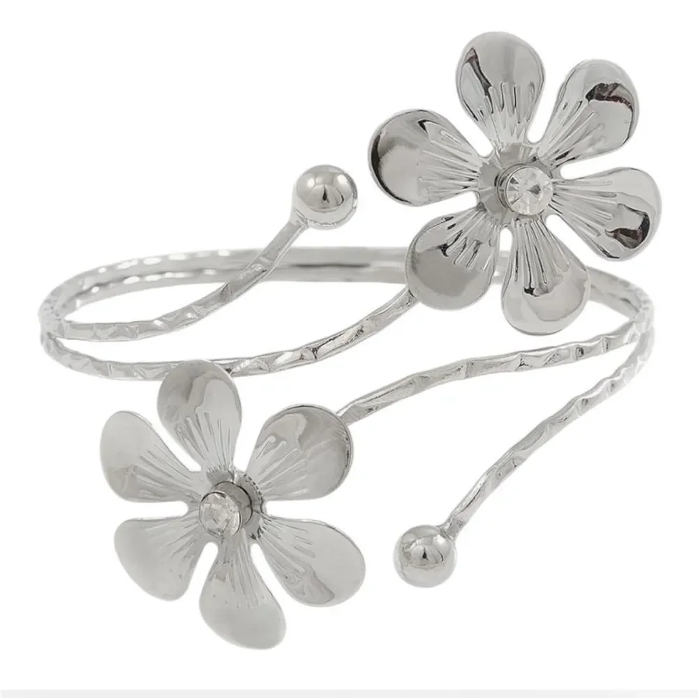 Silver Flowers Rhinestones Adjustable Arm Cuff Bracelet NEW
